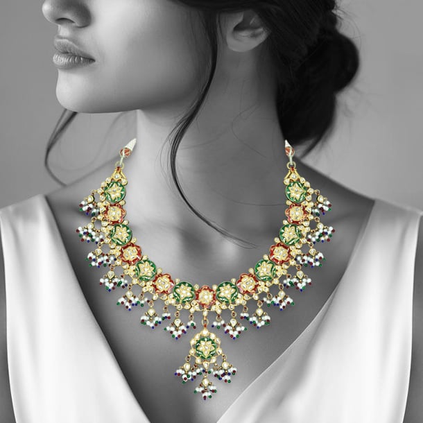 Floral Necklace with Polki, Red-Green Enamel, Pearls, and Beads